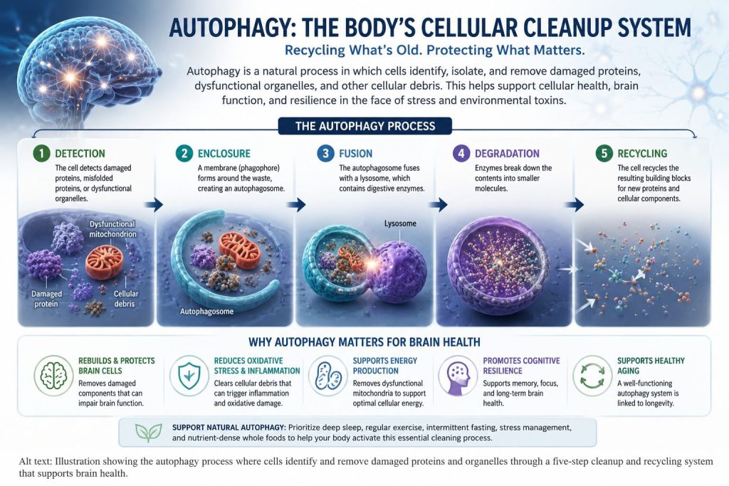 Medical illustration showing autophagy, the body's cellular cleanup process that removes damaged proteins, dysfunctional organelles, and cellular debris to support brain health and healthy aging