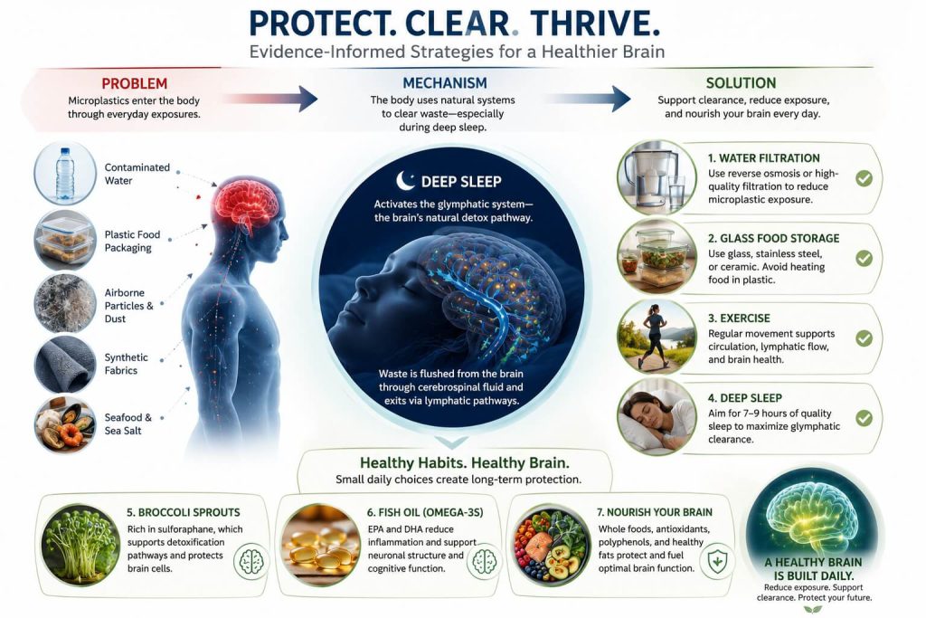 Functional medicine strategies to reduce microplastic exposure and support brain health including water filtration, exercise, sleep, broccoli sprouts, and fish oil