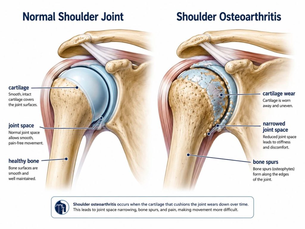 Illustration of shoulder osteoarthritis showing cartilage wear in the shoulder joint