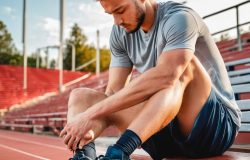 Athlete sitting in bleachers with a painful ankle