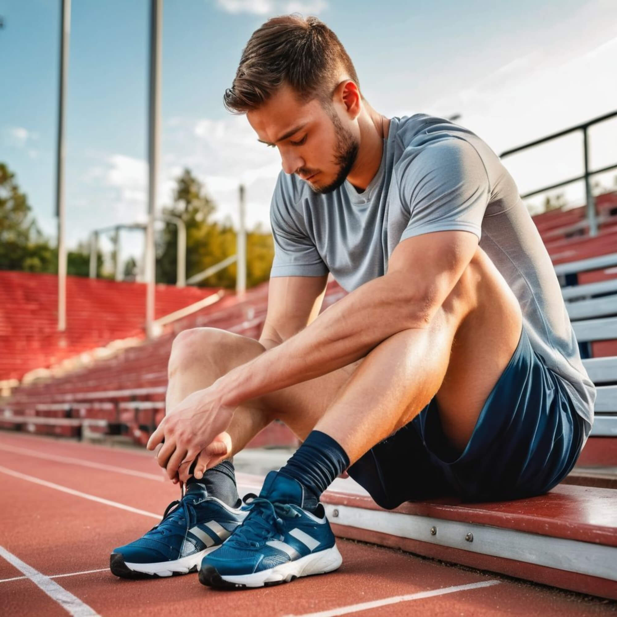 Athlete sitting in bleachers with a painful ankle