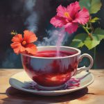 hibiscus flowers around a cup of hibiscus tea