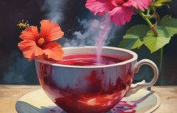 hibiscus flowers around a cup of hibiscus tea