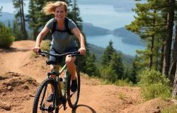 Woman on mountain bike exercising