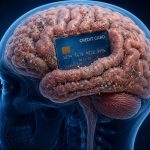 Illustration of a human brain containing a credit card representing microplastic accumulation in the brain